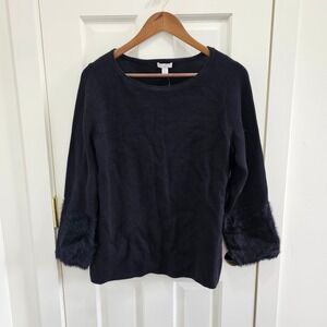 J Jill Black Sweater Faux Fur Trim Bell Sleeves Size M